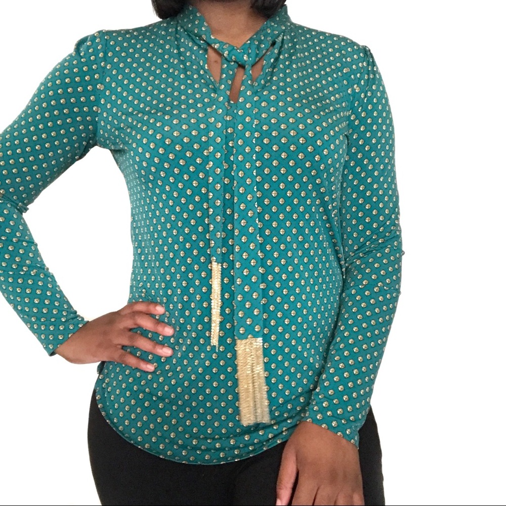 Michael Kors Tassel Tie Neck Top Green Size Medium
